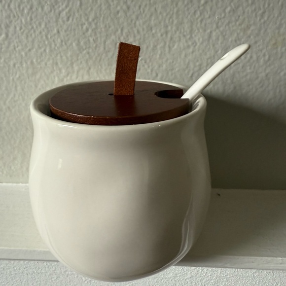 Rae Dunn White Sugar Jar with Wooden Lid and Spoon - Picture 2 of 5